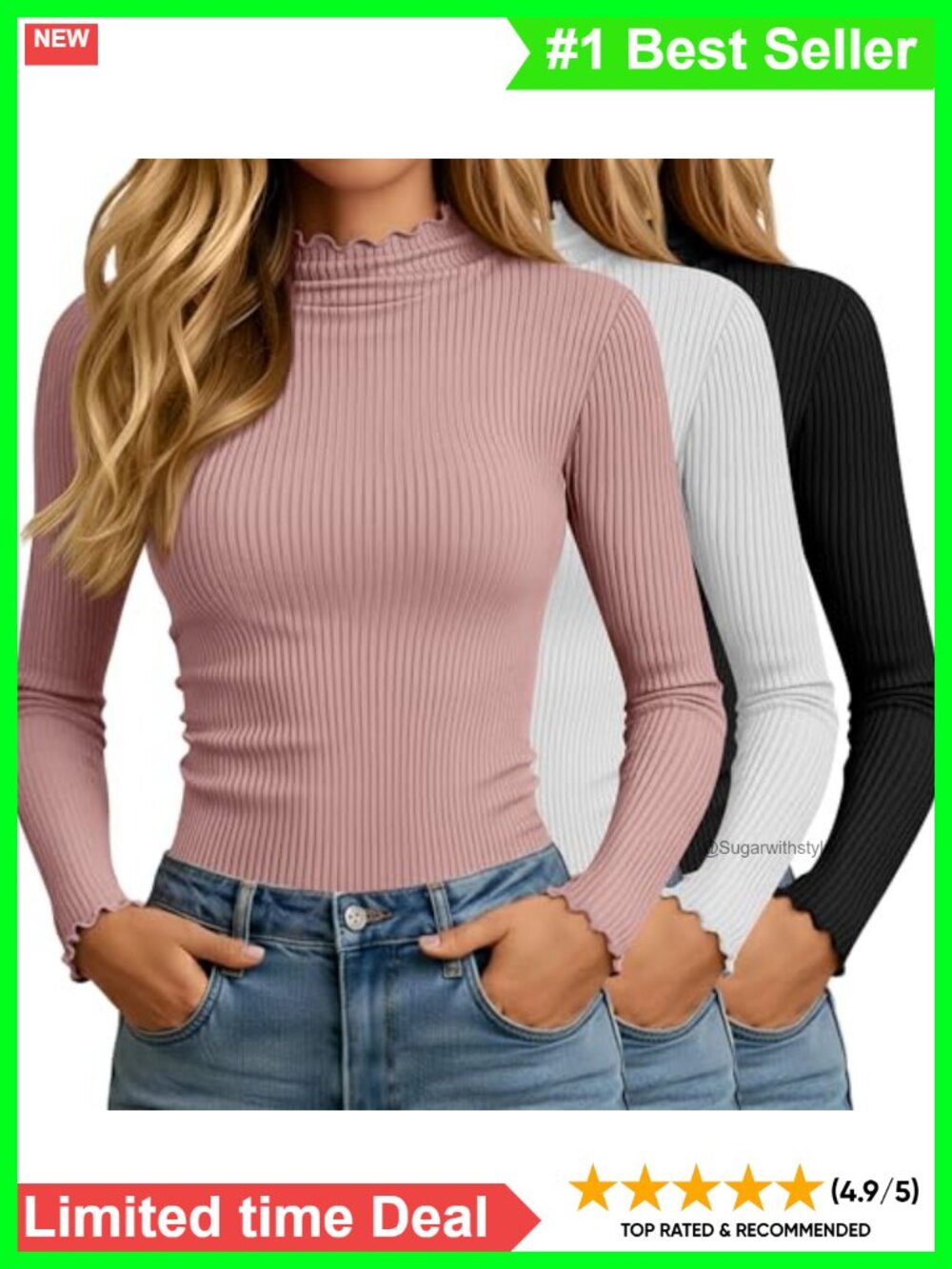 Turtleneck Long Sleeve Lettuce Trim Shirt 3 Pack Cotton Blend